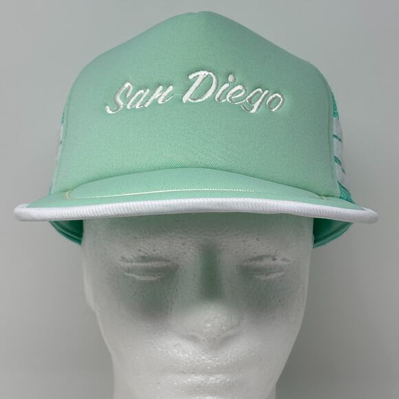 Vintage San Diego 3 Stripe Trucker Hat Cap Green 80s California Mesh Snapback - Picture 2 of 9